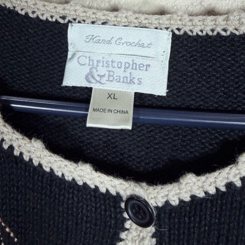 Christopher & Banks Black Embroidered Leaf Cardigan Hand Crochet Trim XL - Picture 5 of 7